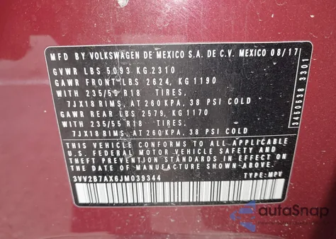 2018 Volkswagen Tiguan 2.0T Se/2.0T Sel из США, поврежденный, VIN 3VV2B7AX6JM039344